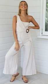 Beige One-Shoulder Jumpsuit